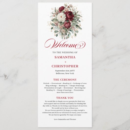 Boho-Blush-Burgunder-Blumen-Hochzeitsprogramm Programm (Vorderseite)