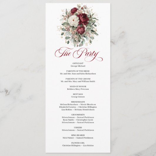Boho-Blush-Burgunder-Blumen-Hochzeitsprogramm Programm (Rückseite)