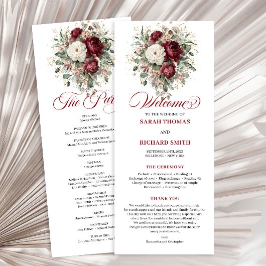 Boho-Blush-Burgunder-Blumen-Hochzeitsprogramm Programm