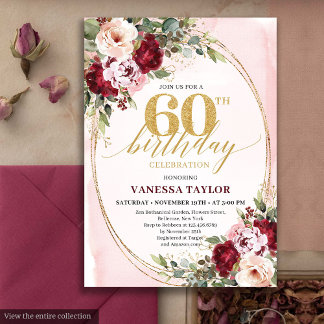 Boho Blush Burgundy Gold Roses 60th Birthday Einladung