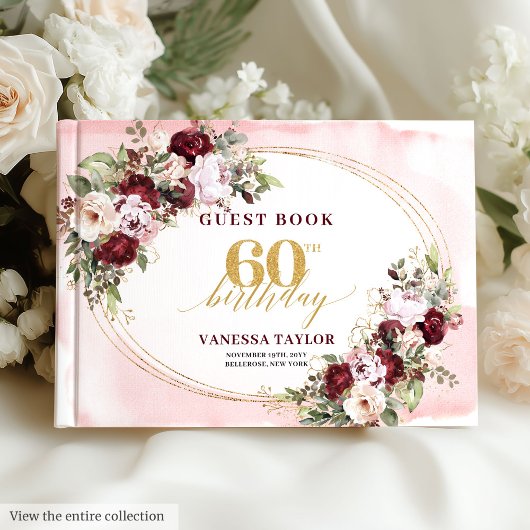 Boho Blush Burgundy Gold Roses 60th Birthday Gästebuch