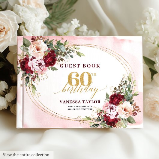 Boho Blush Burgundy Gold Roses 60th Guest Book Gästebuch