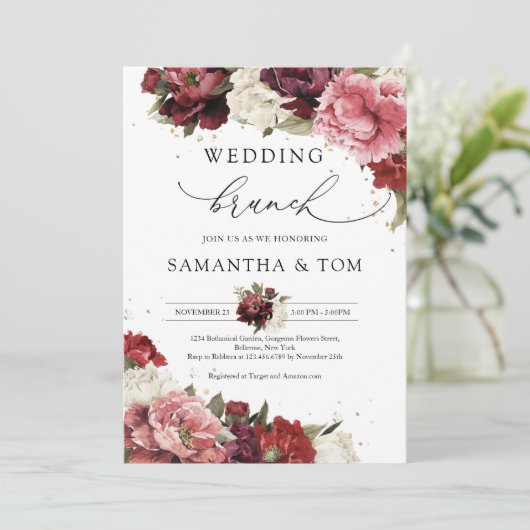 Boho Blush burgundy mauve peonies Hochzeitsbrunch Einladung (Stehend Vorderseite)