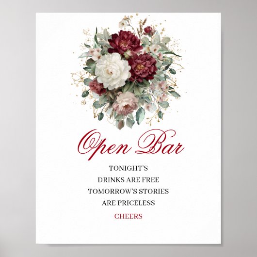 Boho Blush Burgundy Open Bar Hochzeitsschild Poste Poster (Vorne)