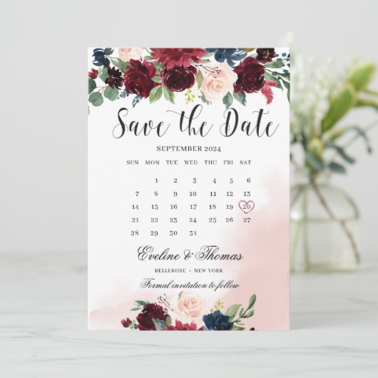 Boho blush burgundy rosa Blumenhochzeit Save The Date (Stehend Vorderseite)