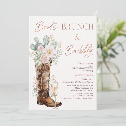 Boho Blush Cacti Boots Brunch Bubbly Brautparty Einladung (Stehend Vorderseite)