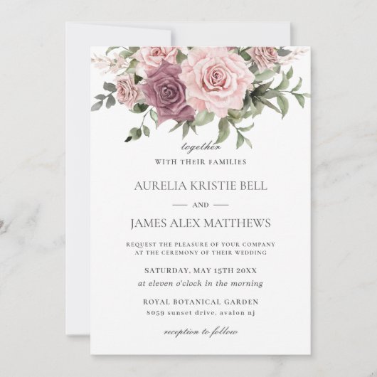 Boho Blush Cinnamon Rose Blumengrün Hochzeit Einladung (Vorderseite)