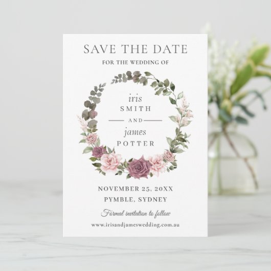Boho Blush Cinnamon Rose Blumengrün Hochzeit Save The Date (Stehend Vorderseite)