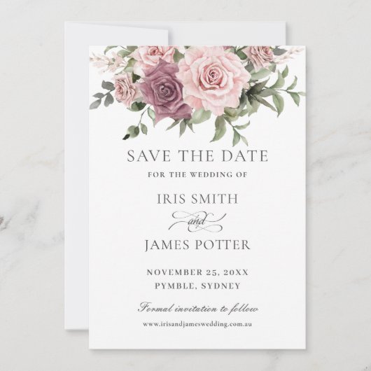 Boho Blush Cinnamon Rose Blumengrün Hochzeit Save The Date (Vorderseite)