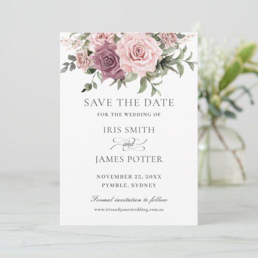 Boho Blush Cinnamon Rose Blumengrün Hochzeit Save The Date (Stehend Vorderseite)