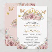 Boho Blush Dusty Rose Floral Pampas Quinceañera Einladung (Vorne/Hinten)