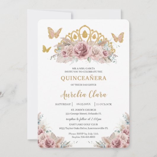Boho Blush Dusty Rose Floral Pampas Quinceañera Einladung (Vorderseite)