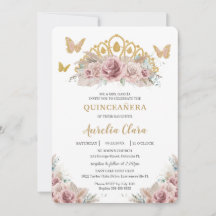 Boho Blush Dusty Rose Floral Pampas Quinceañera