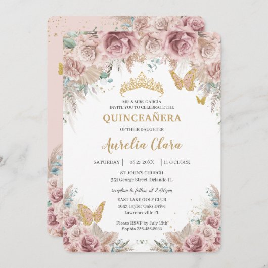 Boho Blush Dusty Rose Floral Pampas Quinceañera Einladung (Vorne/Hinten)