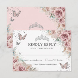 Boho Blush Dusty Rose Floral Pampas Quinceañera RSVP Karte