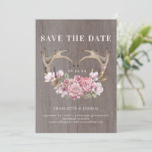 Boho Blush Floral Antlers Foto Save the Date (Stehend Vorderseite)