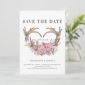 Boho Blush Floral Antlers Foto Save the Date (Stehend Vorderseite)