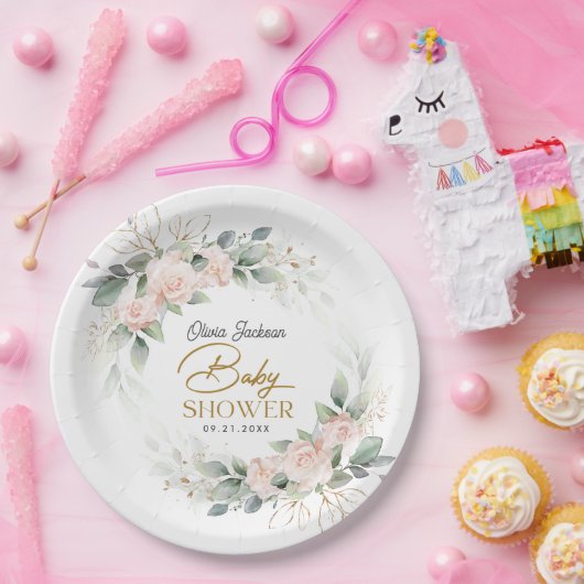 Boho Blush Floral Eucalyptus Frame Baby Dusche Pappteller (Party)