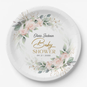 Boho Blush Floral Eucalyptus Frame Baby Dusche Pappteller