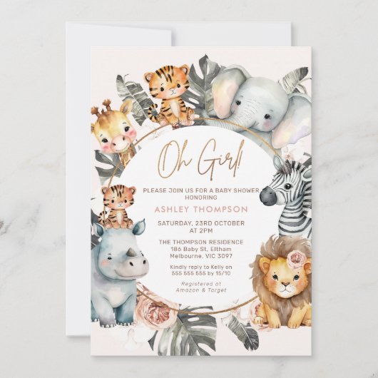 Boho Blush Floral Foliage Safari Babydusche Einladung (Vorderseite)