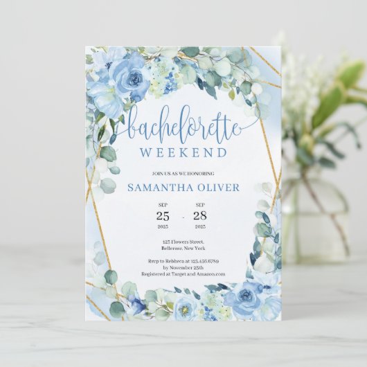 Boho Blush Floral Gold Frame Bachelorette Wochenen Einladung (Stehend Vorderseite)