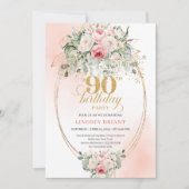 Boho Blush Floral Gold Frame Minimal 90th Birthday Einladung (Vorderseite)
