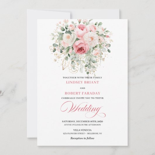 Boho Blush Floral Greenery Wedding Invitation Einladung (Vorderseite)
