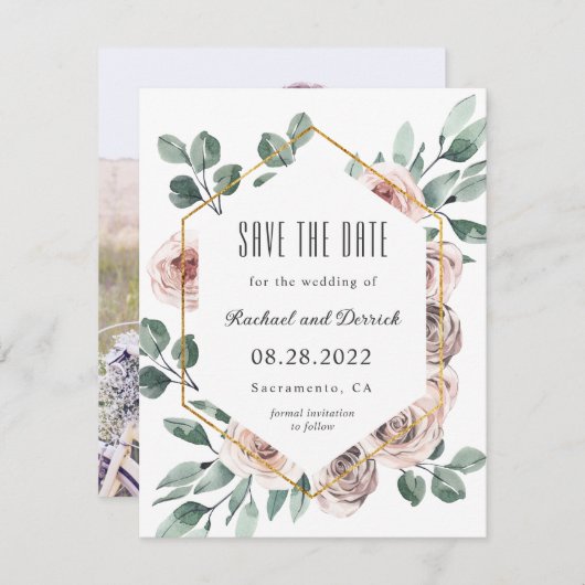 Boho Blush Floral mit Foto Save the Date (Vorne/Hinten)