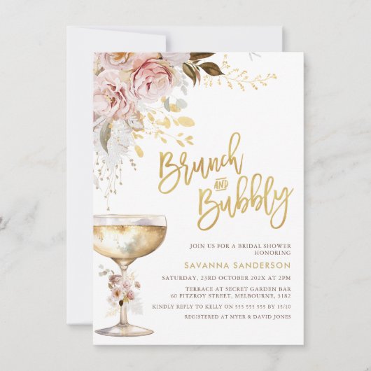 Boho Blush Gold Bloral Brunch Bubbly Brautparty Einladung (Vorderseite)