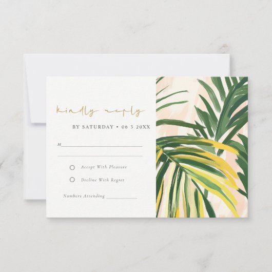 Boho Blush Green Palm Beach Hochzeit RSVP Karte (Vorderseite)