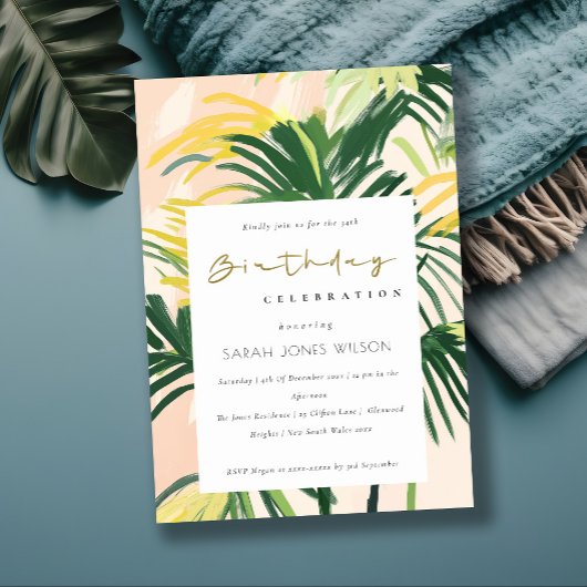 Boho Blush Green Tropical Palm Beach Birthday Invi Einladung