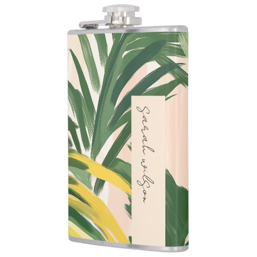 Boho Blush Green Tropical Palm Beach Blätter Flachmann (Links)