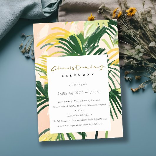 Boho Blush Green Tropical Palm Beach Christening Einladung