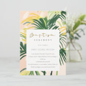 Boho Blush Green Tropical Palm Beach Taufe Einladung (Stehend Vorderseite)