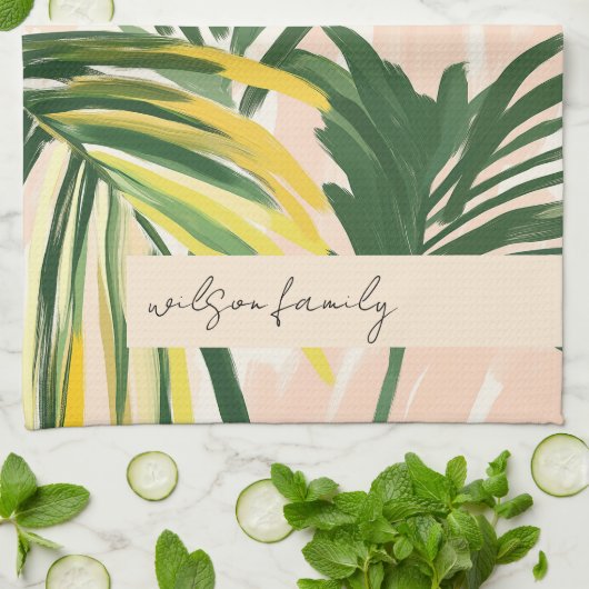 Boho Blush Green Tropical Palm Blätter Beach Geschirrtuch (Gefaltet)