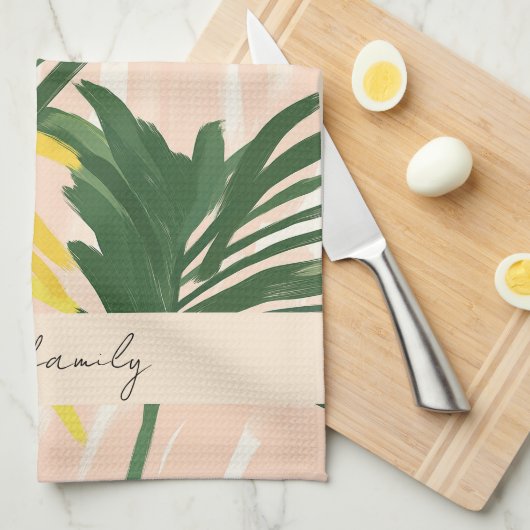 Boho Blush Green Tropical Palm Blätter Beach Geschirrtuch (Viertel Falte)