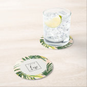 Boho Blush Green Tropical Palm Blätter Beach Logo Runder Pappuntersetzer (Vor Ort)