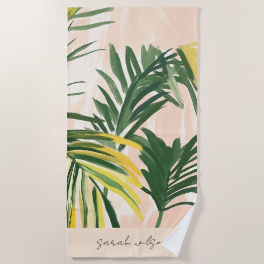 Boho Blush Green Tropical Palm Blätter Beach Strandtuch (Vorderseite)