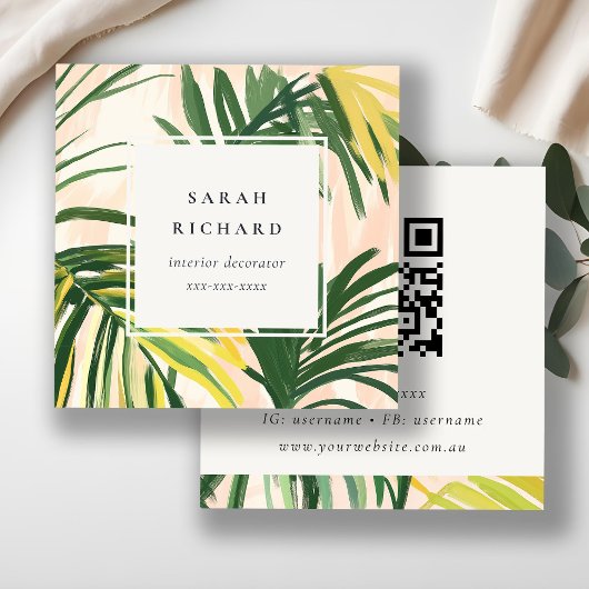 Boho Blush Green Tropical Palm Blätter QR Code Quadratische Visitenkarte