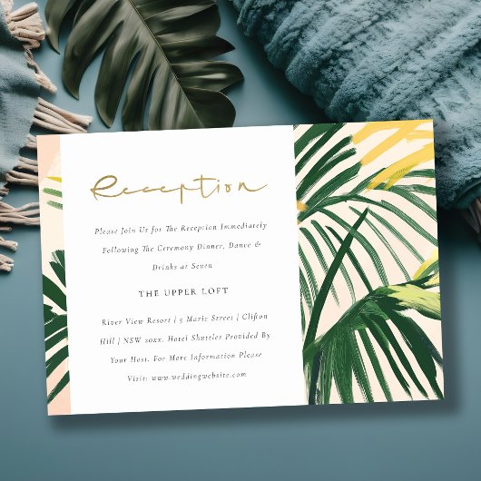 Boho Blush Green Tropical Palm Hochzeitsempfang Begleitkarte