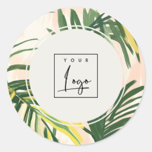 Boho-Blush-Grün-tropische-Palmblätter-Strand-Logo Runder Aufkleber