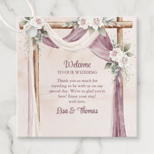 Boho Blush Lila Canopy Wedding Willkommen Geschenkanhänger (Vorderseite)