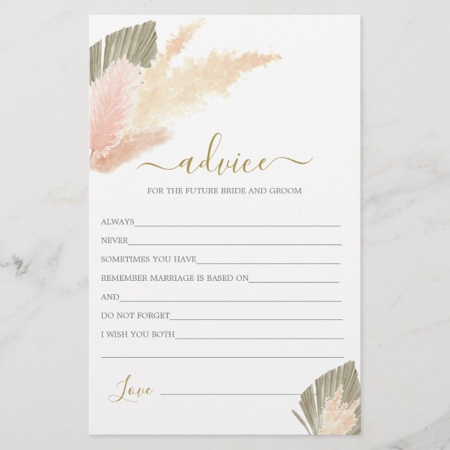 Boho Blush Pampas Grass Advice für die Bride-Karte (Vorderseite)