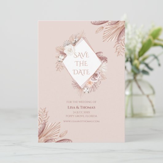 Boho Blush Pampas Grass Save the Date Karte (Stehend Vorderseite)