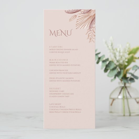 Boho Blush Pampas Grass Wedding Menu Card Menükarte (Stehend Vorderseite)