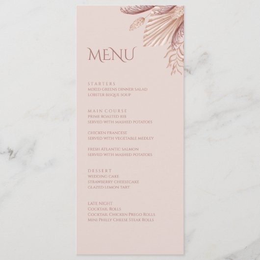 Boho Blush Pampas Grass Wedding Menu Card Menükarte (Vorderseite)