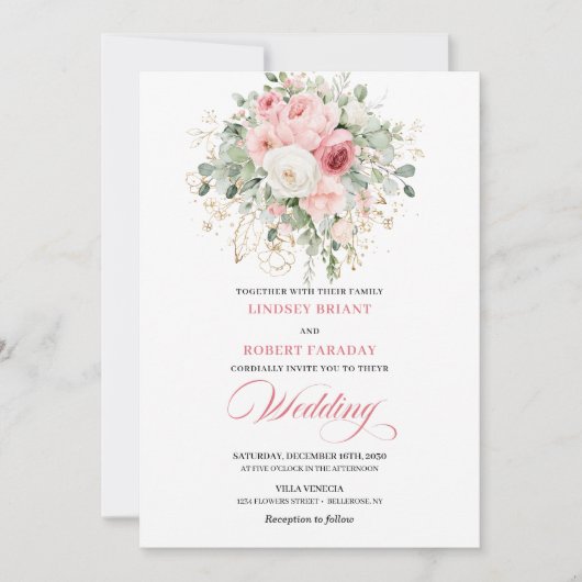 Boho Blush Peonies Greenery Gold Wedding Invites Einladung (Vorderseite)
