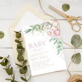 Boho Blush Pink Aquarell Floral Girl Babydusche Einladung