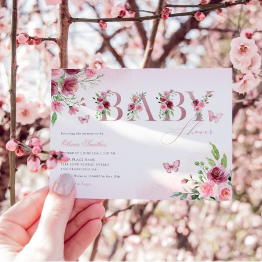 Boho Blush Pink Aquarell Floral Girl Babydusche Einladung