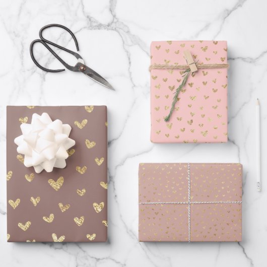 Boho Blush Pink Beige Gold Hearts Geschenkpapier Set (Vorderseite)